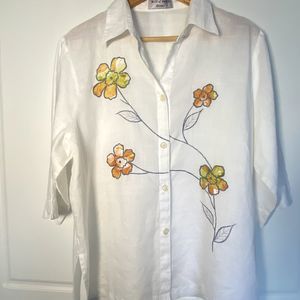 Women 3/4 Sleeve Bright White Linen Top, Embroidered Flowers, Breezy Country L